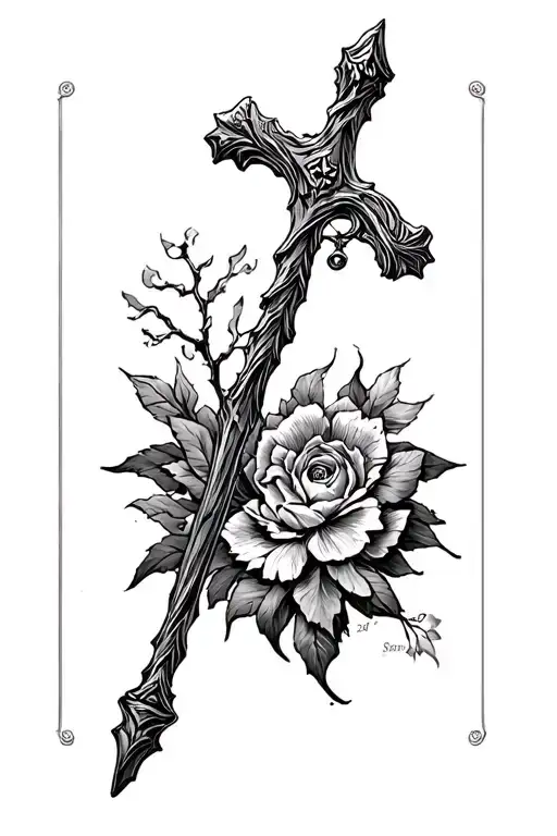 christian, rod, staff, valley, psalm 23:4 black and white tattoo design idea