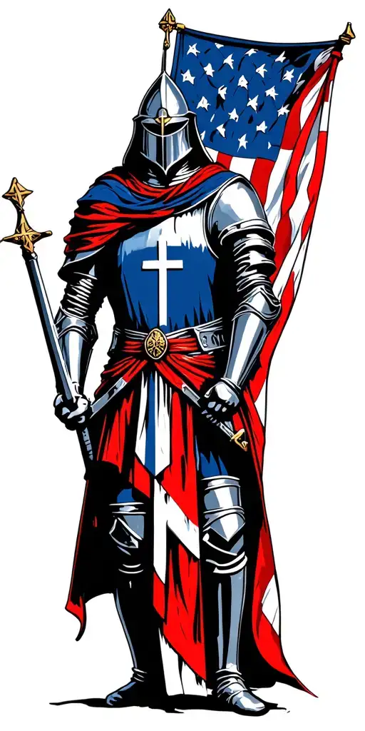 knight Templar with an American flag, Christianity tattoo design idea