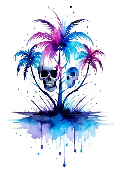 broken girly black skull no chin with explosion of blue, purple and pink watermark with 3 flowing dainty palm trees comi tattoo design idea