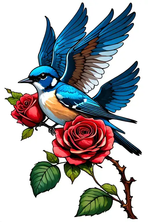 blue wren with wings outstretched flying around a rose stem tattoo design idea