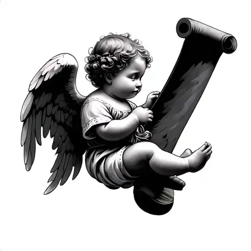 I want to have a baby angel holding on to a scroll but I want the perspective to make the image appear bigger from a upp tattoo design idea