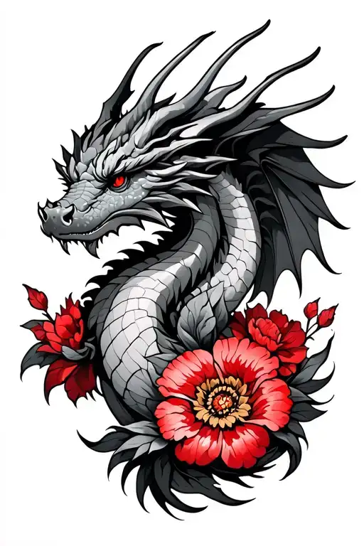 a dragon with wings and red flowers tattoo design idea