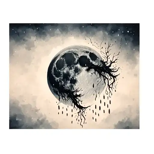 full moon in the negative space surrounded my rain tattoo design idea