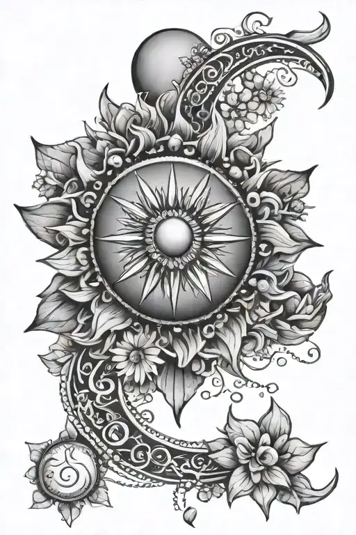 moon, sun, flower, pearl string aesthetically wrapped tattoo design idea