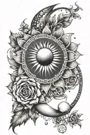 moon, sun, flower, pearl string aesthetically wrapped tattoo design idea