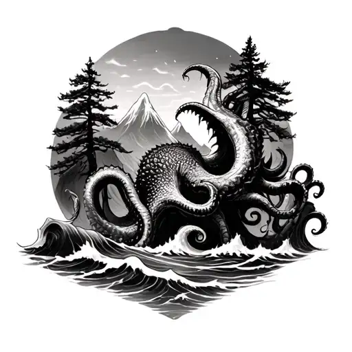 mountains with trees/ ocean and giant kraken sea monster tattoo design idea