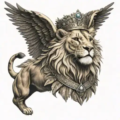 sagiatrius, lion king in army outfit, wings, tattoo design idea