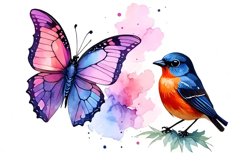 butterfly and robin - pink, purple, blue colours tattoo design idea