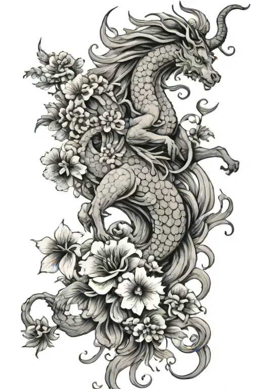 Qilin mix of dragon and goat, two pansy flowers add a tail extension tattoo design idea