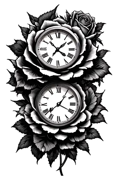 rose petals and clocks tattoo design idea