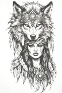 women with a wolf headdress tattoo design idea