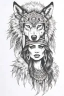 women with a wolf headdress tattoo design idea