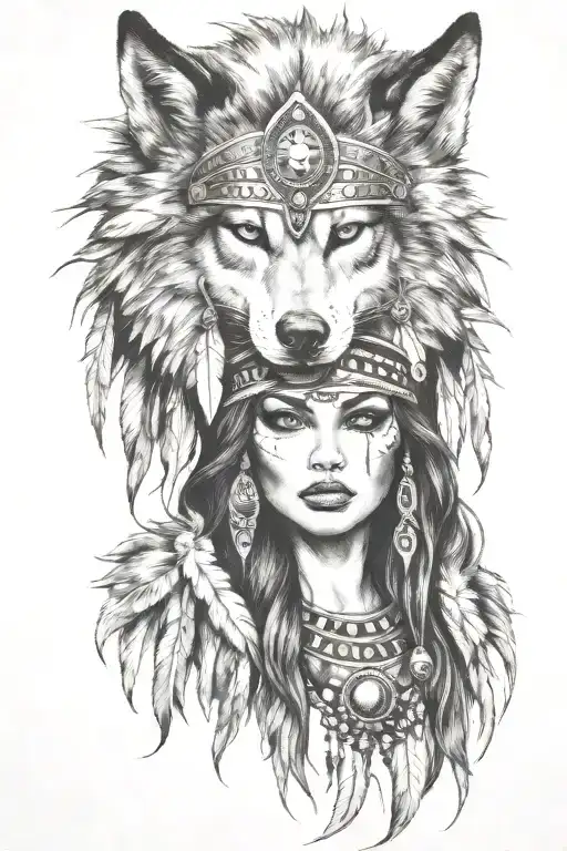 women with a wolf headdress tattoo design idea