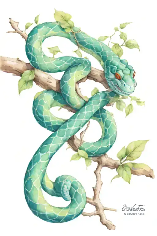 realist snake in new age tree branche  tattoo design idea