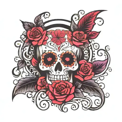 dia de muertos skull black, design on skull in red, pink, purple tattoo design idea