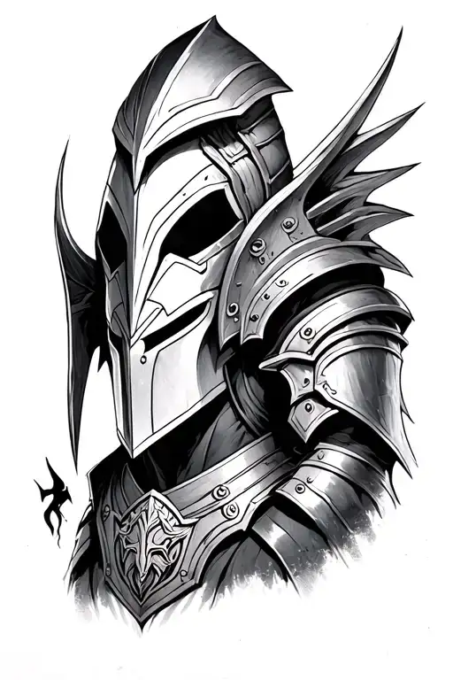 Black and white sauron head with spartan armor with stark house emblem on chest plate tattoo design idea