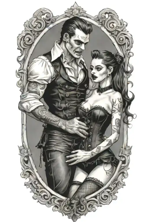 realistic scene of a gothic pinup girl waering corset and fishnets being bitten by a scary male vampire tattoo design idea