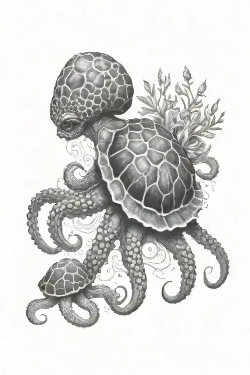 an Octopus on the turtle with meduse tattoo design idea