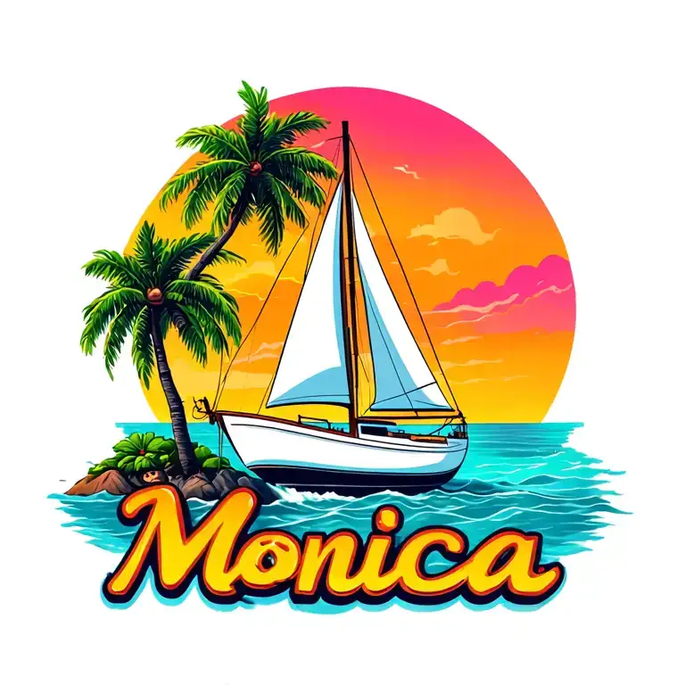 "Monica"  "Monica" foreground white sailboat, sunrise sky small background distant island 2 palm tree monkey  ocean vibrant tattoo design idea
