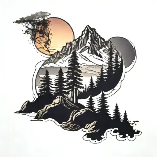 A serene landscape tattoo featuring redwoods, mountains, and a sunset tattoo design idea