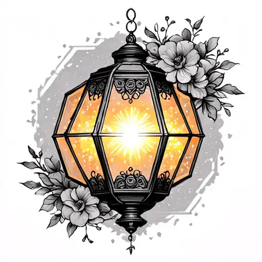 Korean style tattoo of lantern hexagon with glowing light inside with sparkles tattoo design idea