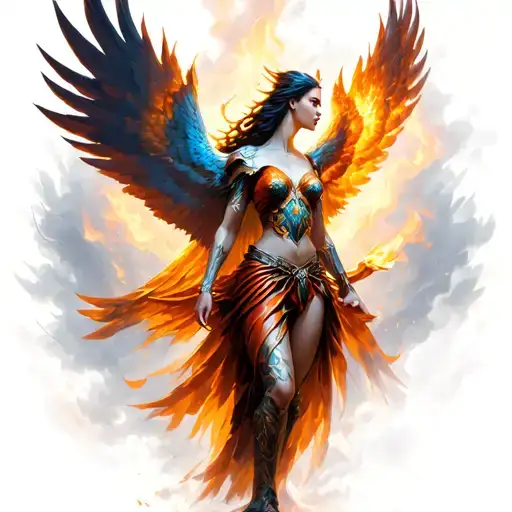 phoenix rising warrior goddess emerging victoriously from the ashes tattoo design idea