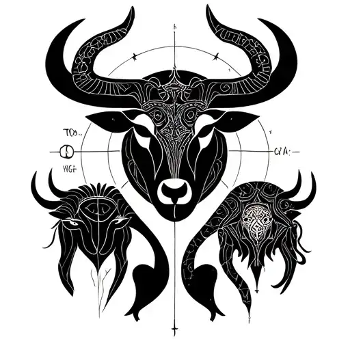 An abstract interpretation of the zodiac signs Virgo, Taurus, Capricorn, and Cancer as part of a larger sleeve tattoo design on the biceps tattoo design idea