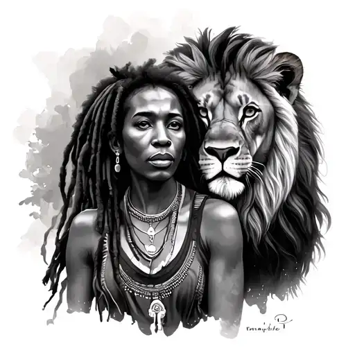African woman with lions and bob marley  tattoo design idea