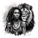 African woman with lions and bob marley  tattoo design idea