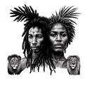 African woman with lions and bob marley  tattoo design idea