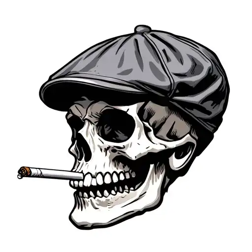 skull wearing a flat cap smoking cigarette tattoo design idea