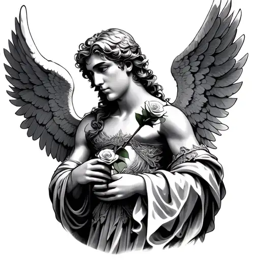 A costumed angel with metallic angel wings holding a rose in his hand tattoo design idea