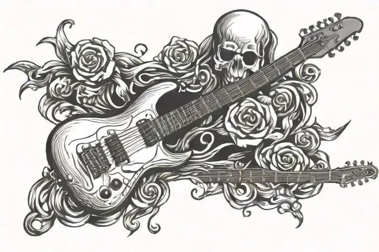 heavy metal guitar with a cross for the head. The words begin again fill in the neck tattoo design idea