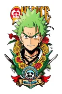 roronoa zoro sorrounded by one piece logo combined tattoo design idea