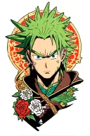 roronoa zoro sorrounded by one piece logo combined tattoo design idea