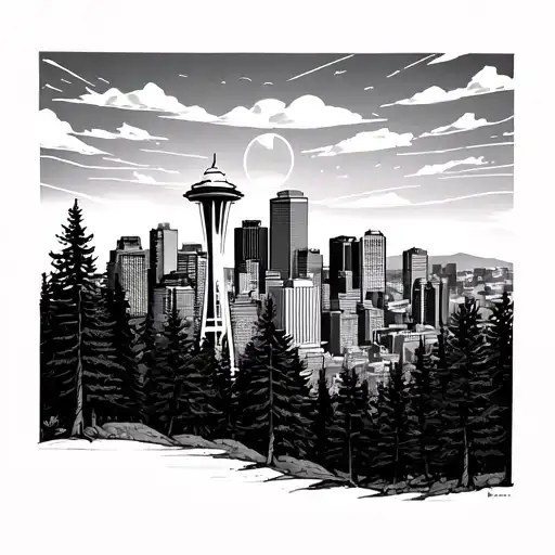 portland and seattle skyline with pine trees in foreground  tattoo design idea