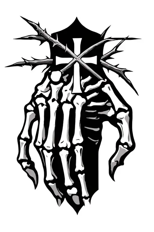 skeleton hand with cross in the center with thorn  tattoo design idea