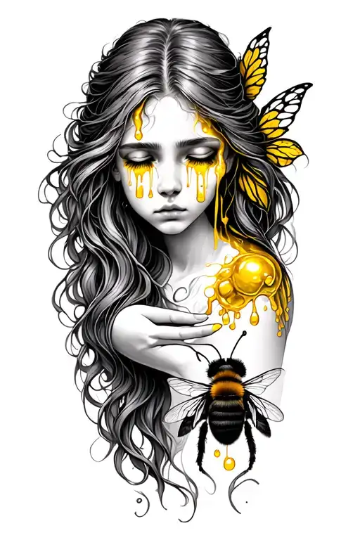sad tattooed forest fairy with long flowing hair crying yellow honey tears reaching out to a bumble bee tattoo design idea
