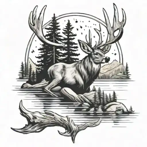 Scene of the Adirondack Mountains, on a lake, with big rocks, pine trees, and stars in the sky, a whitetail deer antler tattoo design idea