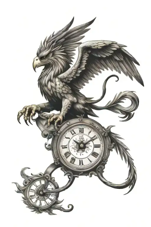 gryphon and a greek clock above it tattoo design idea