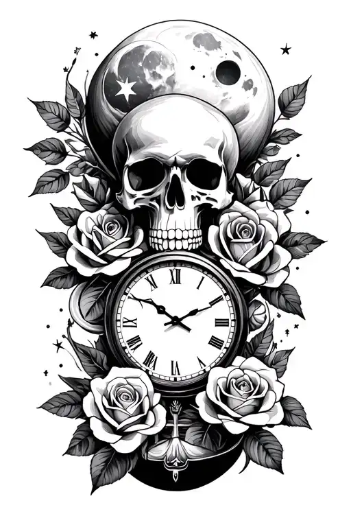 skull and roses. a clock, hour glass and moon and stars. tattoo design idea