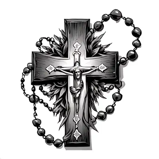 cross with the rosary beads wrapping around it with isah 41:10 on the side of the cross tattoo design idea