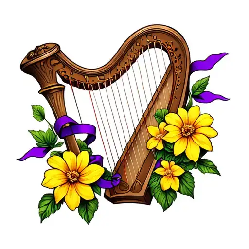Irish harp, yellow flowers with a purple ribbon tattoo design idea