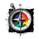 compass in background with name harsh on it and rainbow flag tattoo design idea