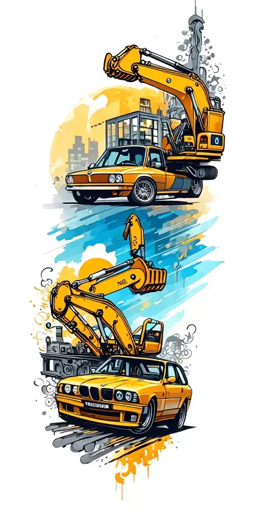 A neotraditional design of a music-themed sleeve tattoo incorporating elements of construction machinery and the client's favorite car, the BMW F30 2012 tattoo design idea