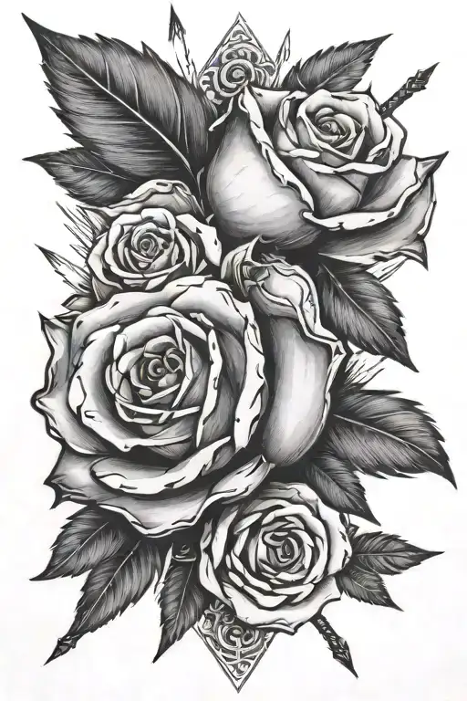 a rose turned into an arrow with a stone tip cut with a feather tattoo design idea