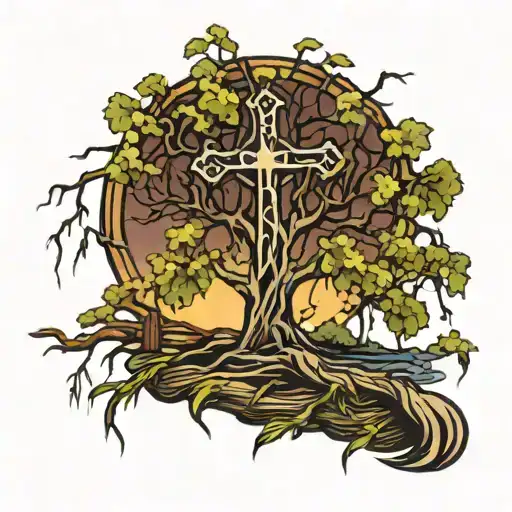 cross in a weeping willow tree tattoo design idea