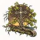 cross in a weeping willow tree tattoo design idea