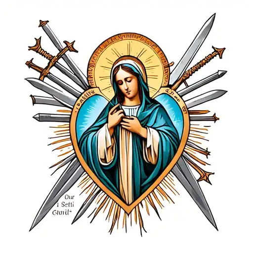 design a tattoo of the Madonna dei sette dolori (Our Lady of Help) surrounded with  seven swords in the heart tattoo design idea