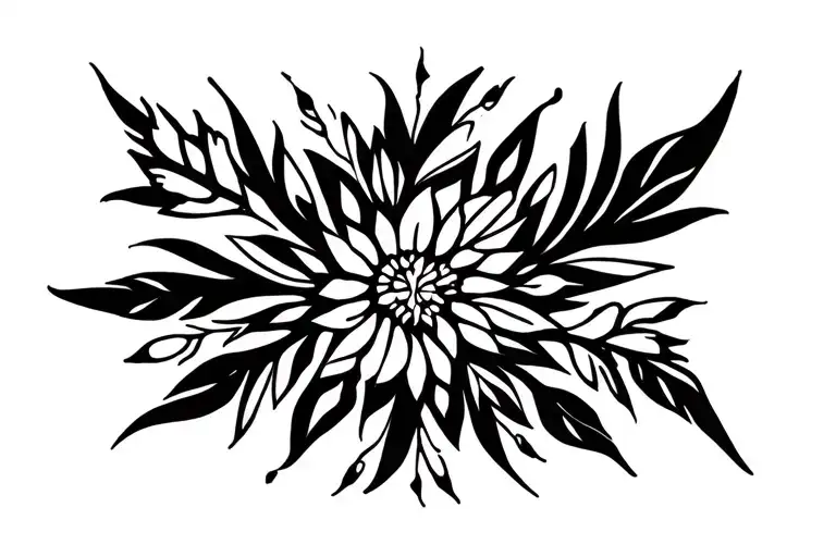 I want a minimalist ornamental tattoo resembling a symmetrical burst or bouquet of delicate botanical elements. It shoul tattoo design idea